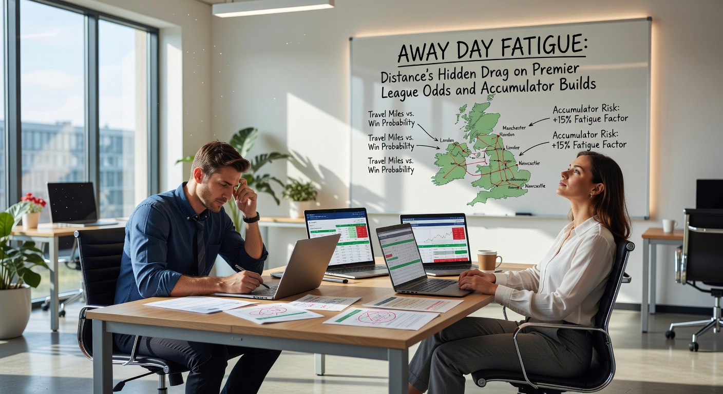 Premier League map highlighting long-distance away trips for teams like Newcastle and Brighton, showing travel fatigue impact on match outcomes