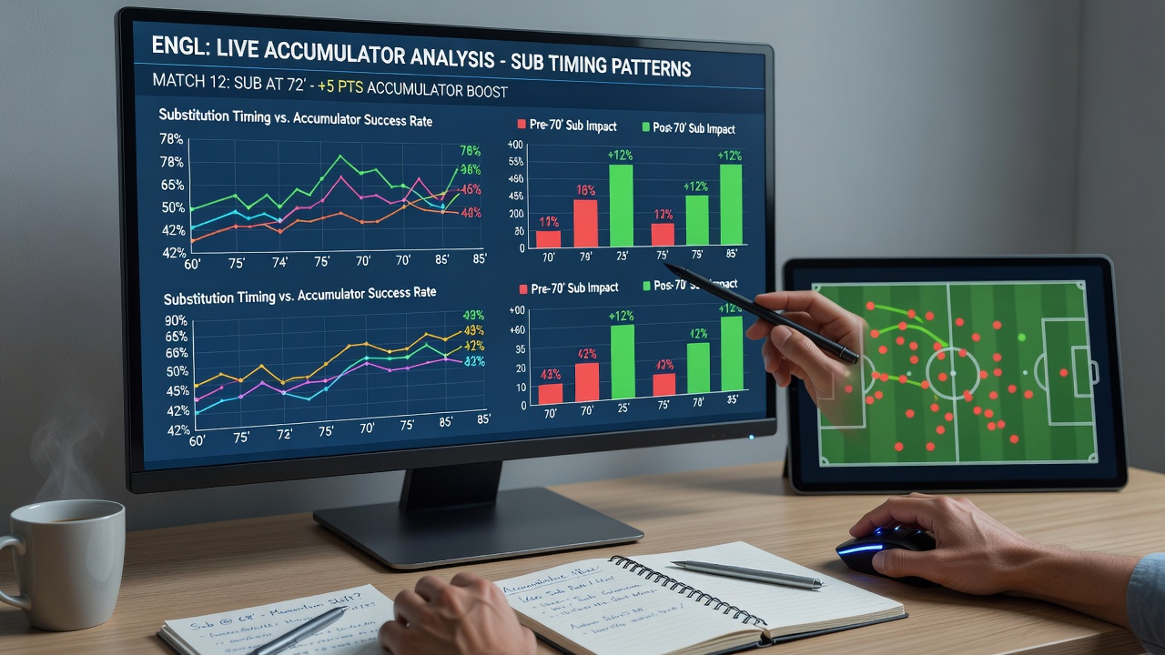 Detailed match statistics overlay showing substitution timing effects on accumulator betting markets in English leagues