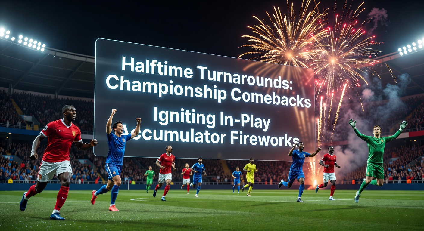 Close-up of a Championship halftime tactics board with arrows indicating attacking shifts, overlaid with rising odds graphs showing accumulator payouts