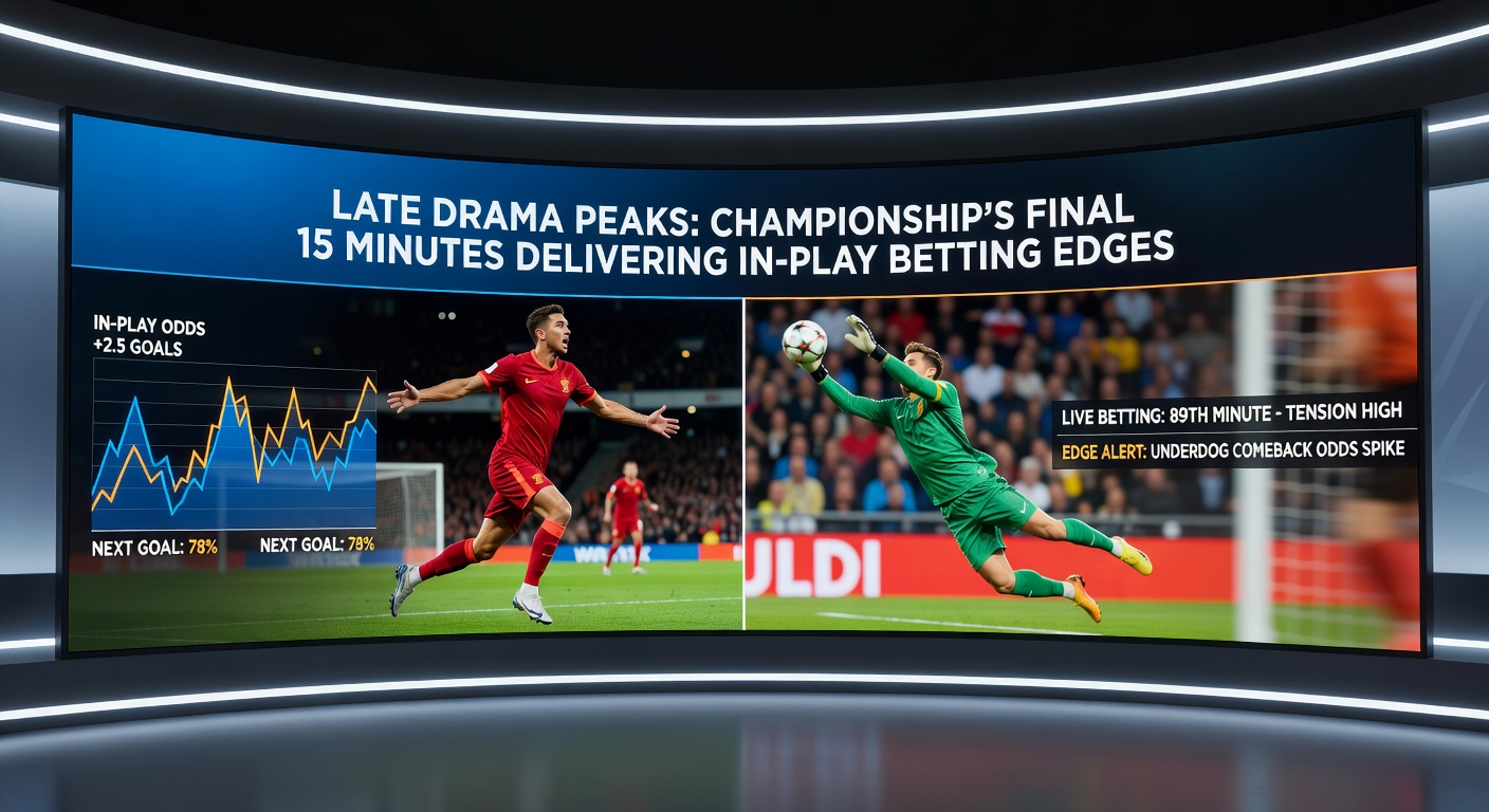 A tense Championship match in the final minutes with players pushing forward, crowd on edge, highlighting late-goal drama