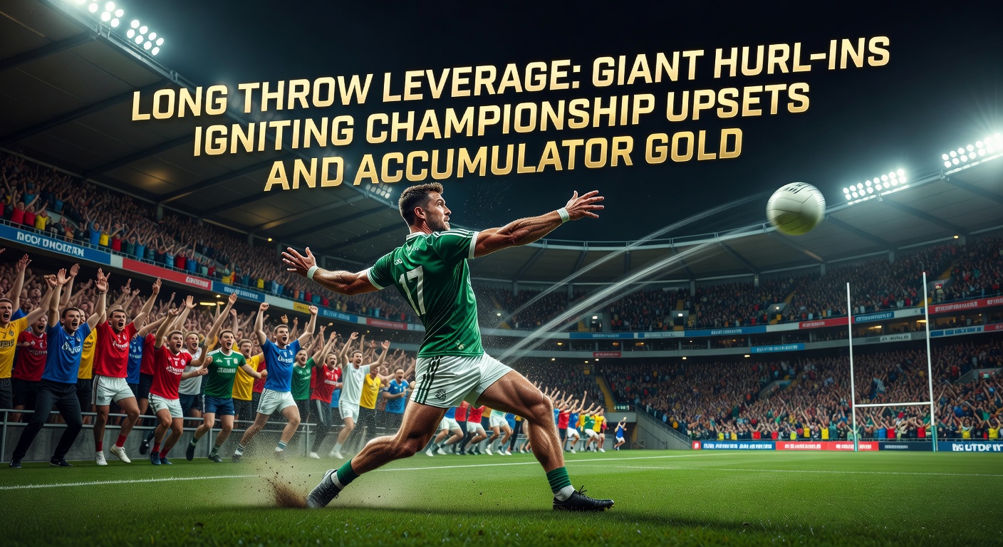 Close-up of a long throw-in specialist mid-hurl, ball soaring over defenders into a packed six-yard box amid a Championship clash