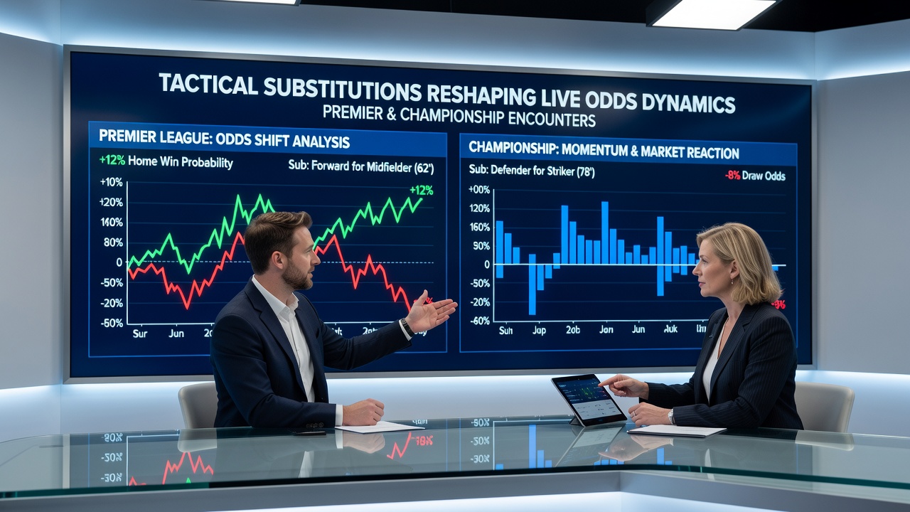 Close-up of a digital betting terminal displaying shifting live odds during a Championship match after a key substitution
