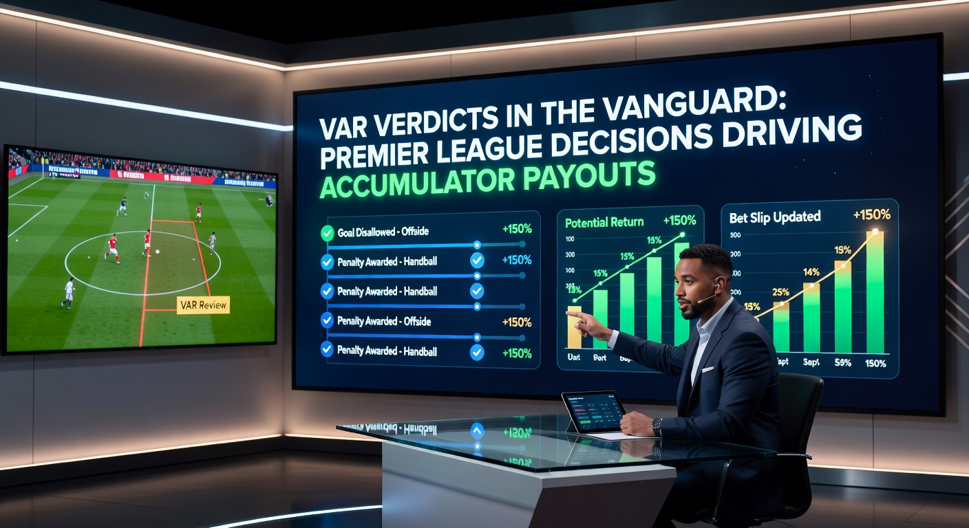 Premier League match with VAR officials reviewing a contentious play on the pitchside monitor