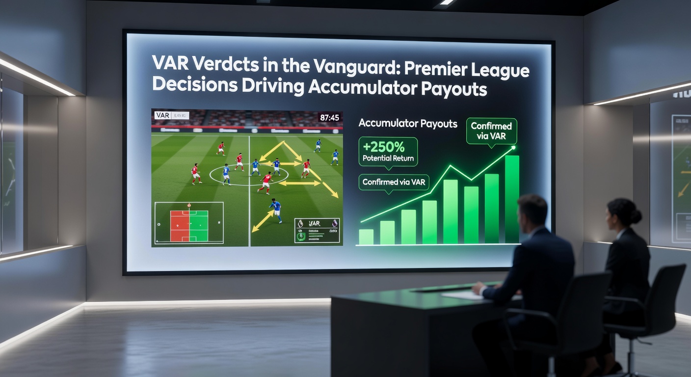 Close-up of a Premier League referee at the VAR monitor, decision screen glowing with lines drawn on a disputed offside