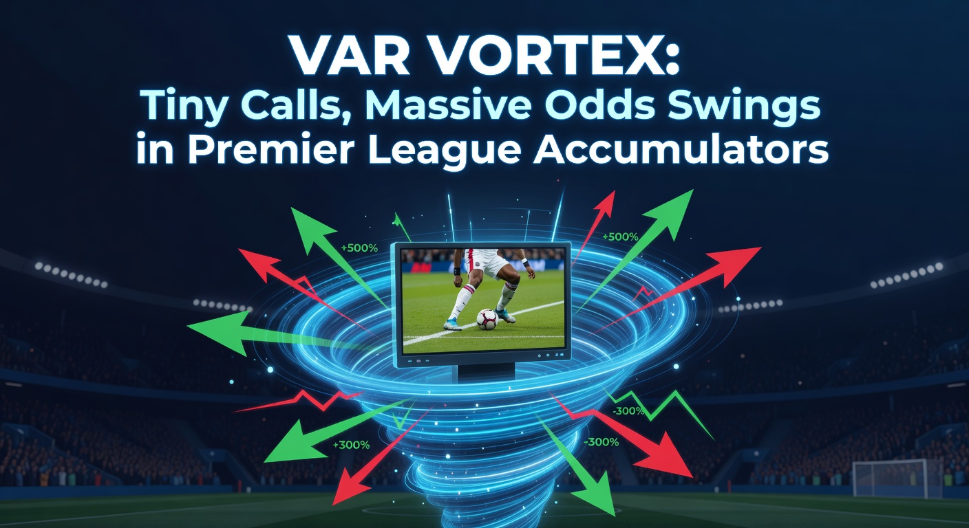 Close-up of a Premier League referee pointing to the VAR monitor amid protesting players, crowd blurred in tension