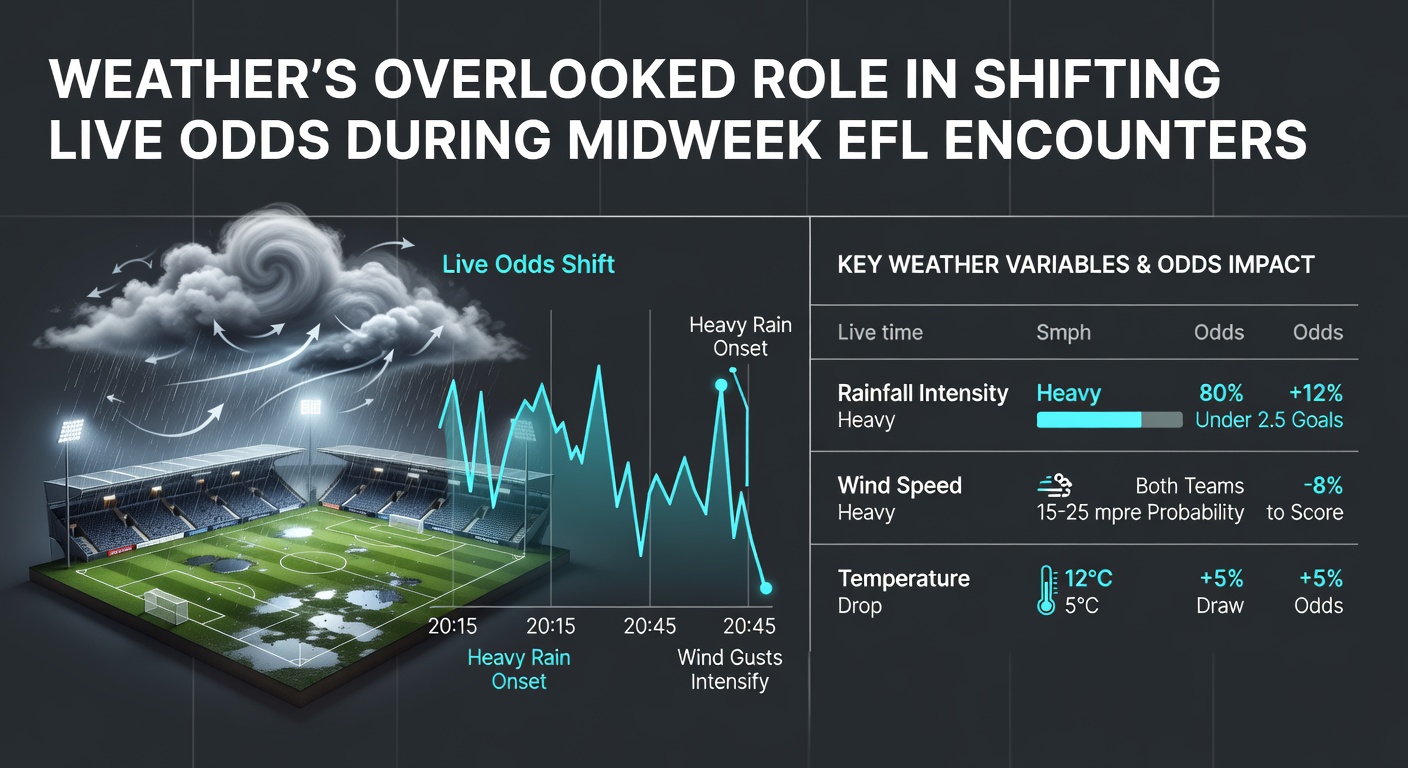 Wind gusts affecting a football in mid-flight during an EFL Championship evening fixture under floodlights